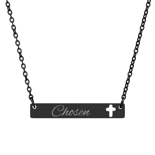 "Chosen" Cutout Cross Bar Necklace — Engraved Christian Pendant
