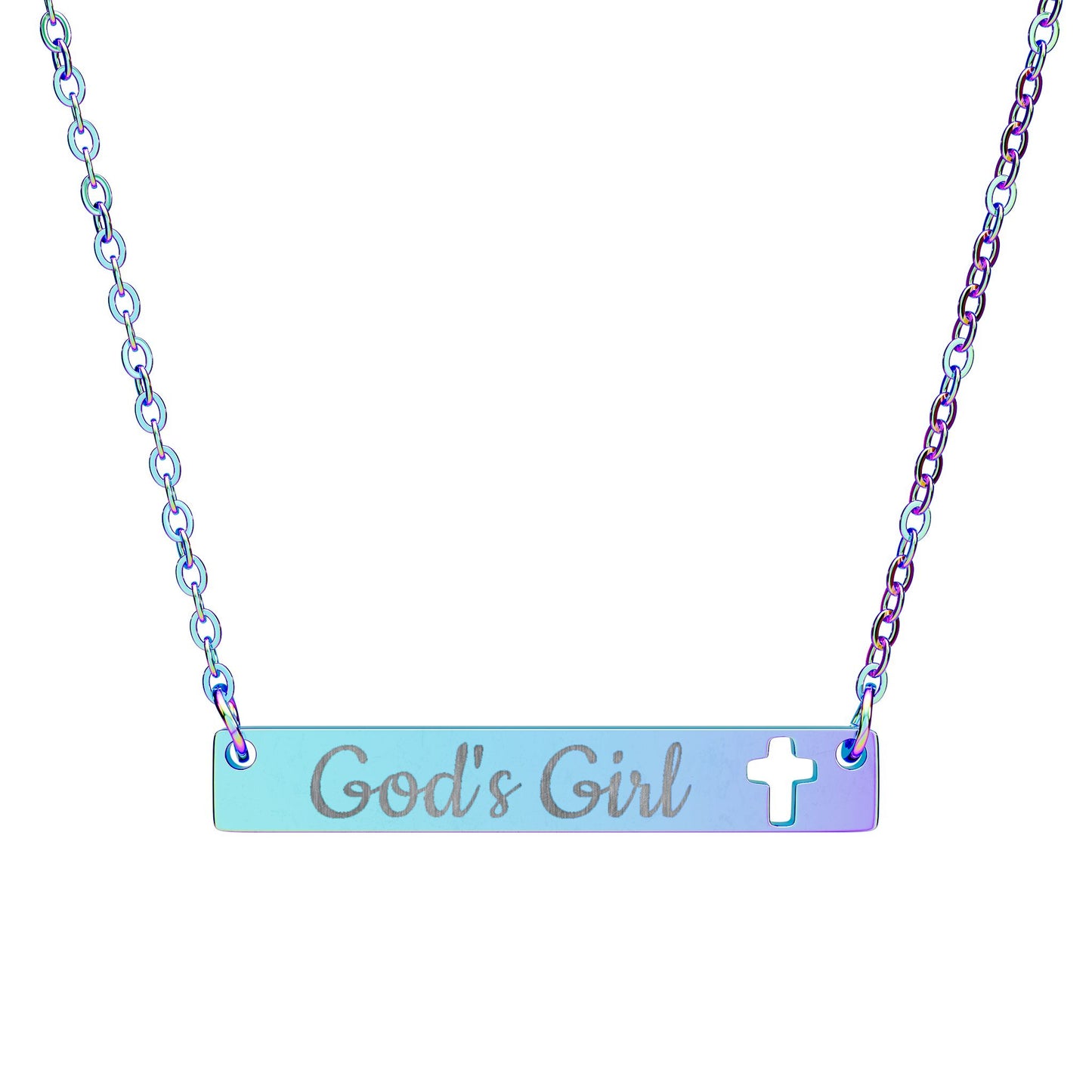 God's Girl Cutout Cross Bar Necklace – Engraved Christian Pendant