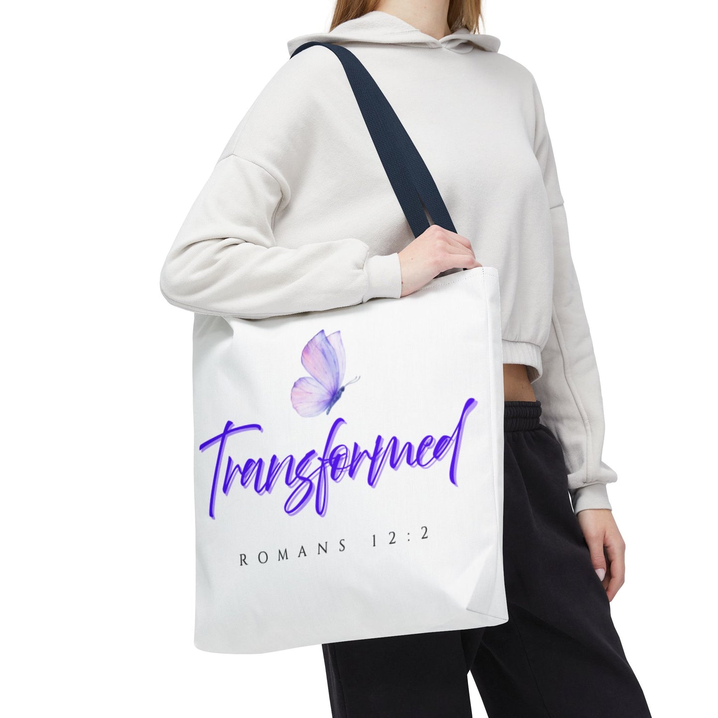 Transformed Tote Bag - Inspirational Gift, AOP Design, Motivational Tote, Everyday Use, Romans 12:2
