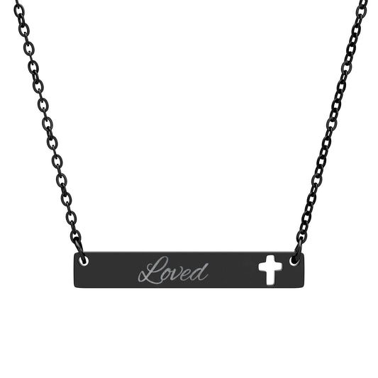"Loved" Cutout Cross Bar Necklace — Engraved Christian Pendant