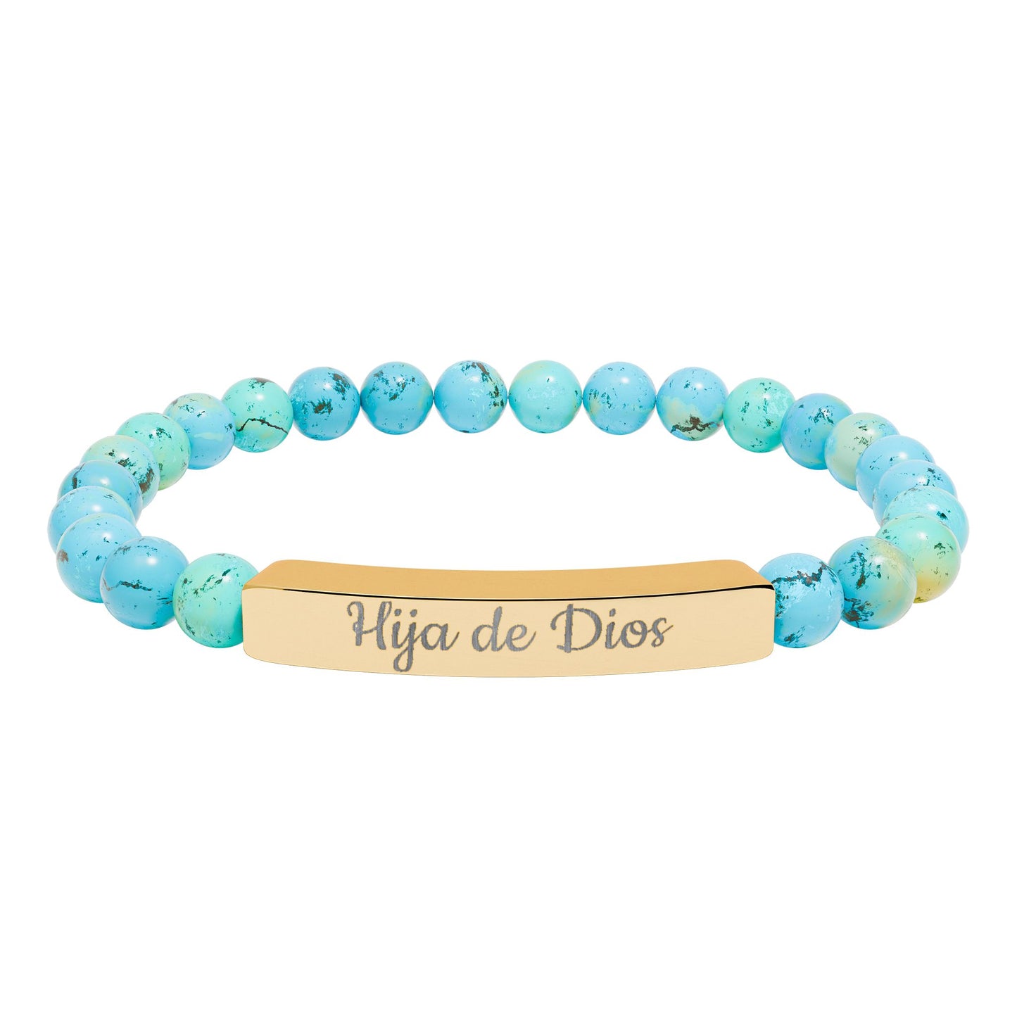 "Hija de Dios" Engraved Natural Stone Bar Bracelet — Personalized Stretch Beaded Bracelet