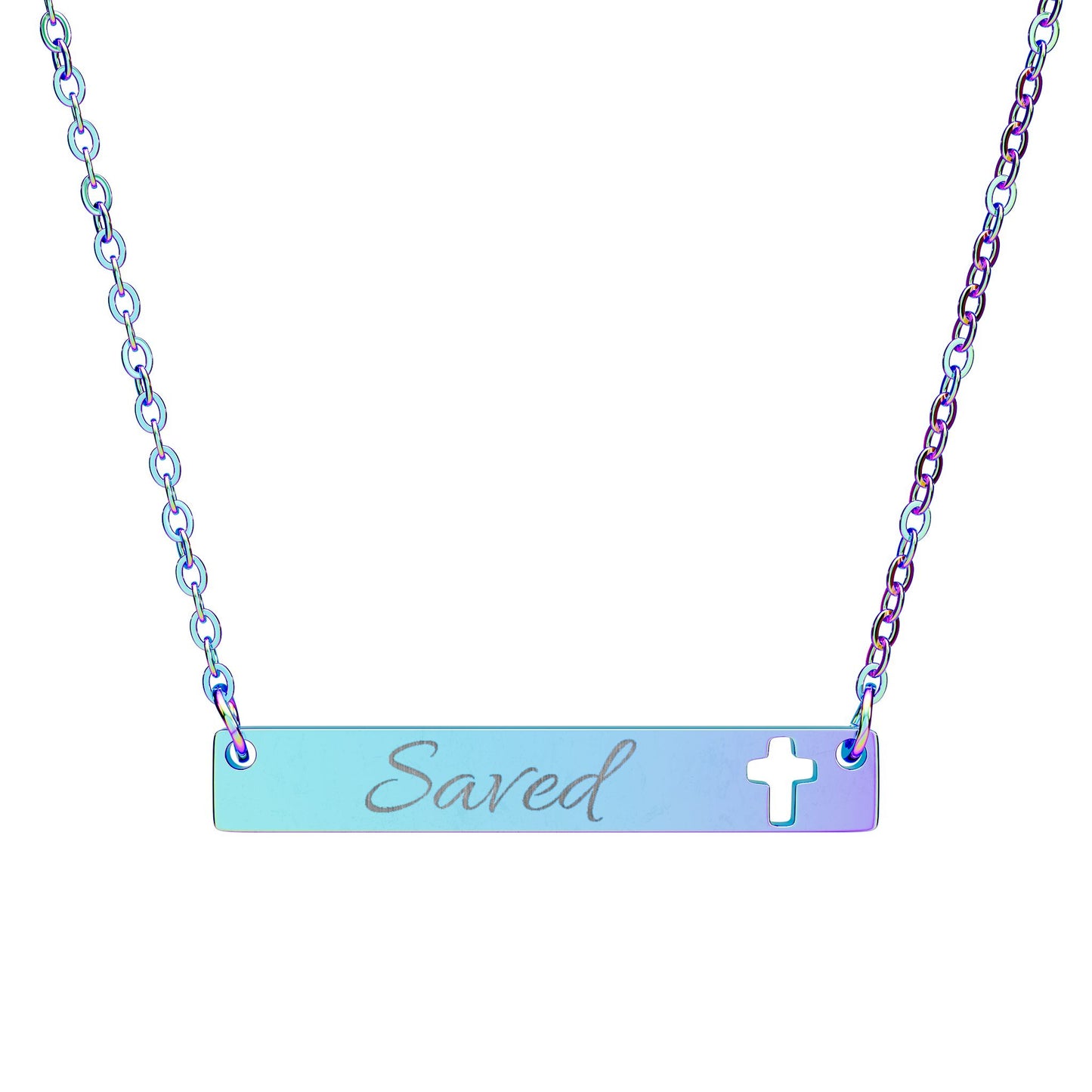 "Saved" — Engravable Cutout Cross Bar Necklace Religious Pendant