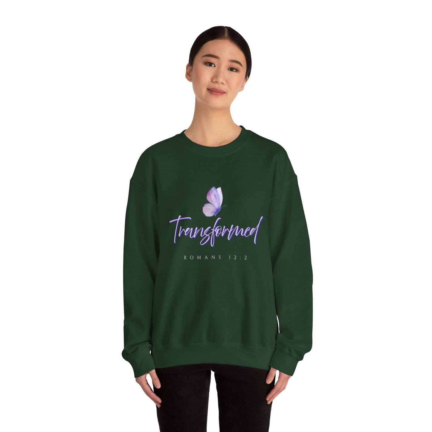 Transformed Butterfly Sweatshirt — Romans 12:2 Christian Crewneck