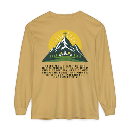 Psalms 121:1-2 Spiritual Long Sleeve T-Shirt, Christian Apparel, Faith-Based Gift, Outdoor Style, Inspirational Everyday Wear