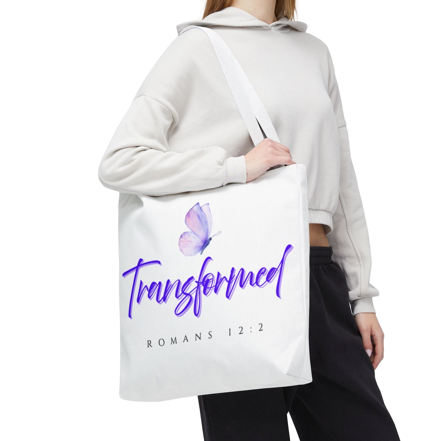 Transformed  Tote Bag - Inspirational Gift, AOP Design, Motivational Tote, Everyday Use, Romans 12:2