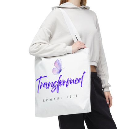 Transformed  Tote Bag - Inspirational Gift, AOP Design, Motivational Tote, Everyday Use, Romans 12:2
