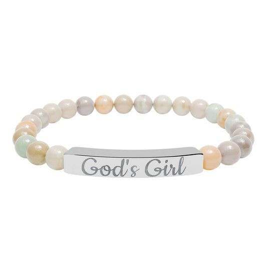 "God's Girl" - Engraved Natural Stone Stretch Bar Bracelet