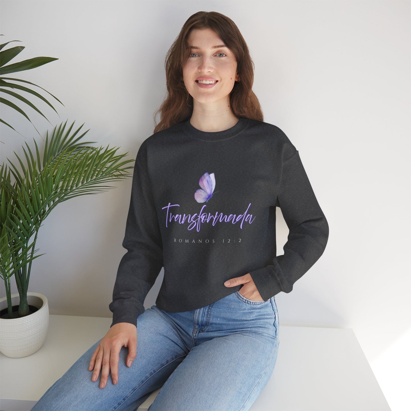 "Transformada" Crewneck Sweatshirt — Purple Butterfly Christian Scripture (Romanos 12:2)