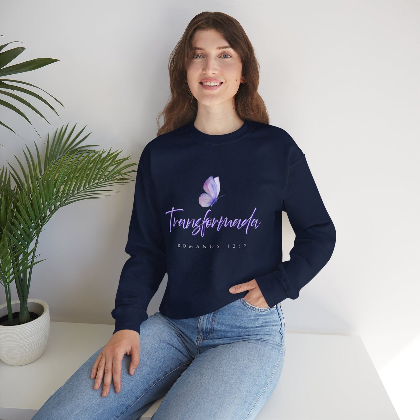 "Transformada" Crewneck Sweatshirt — Purple Butterfly Christian Scripture (Romanos 12:2)
