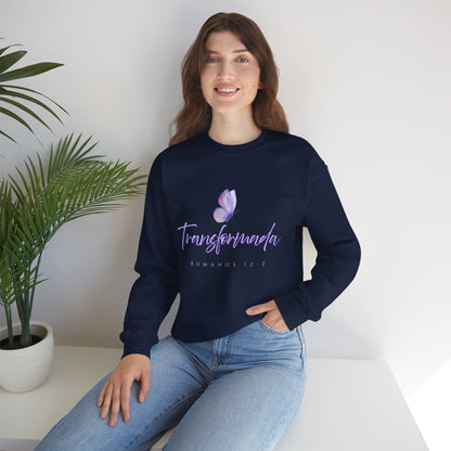 "Transformada" Crewneck Sweatshirt — Purple Butterfly Christian Scripture (Romanos 12:2)