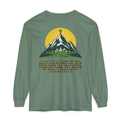 Psalms 121:1-2 Spiritual Long Sleeve T-Shirt, Christian Apparel, Faith-Based Gift, Outdoor Style, Inspirational Everyday Wear