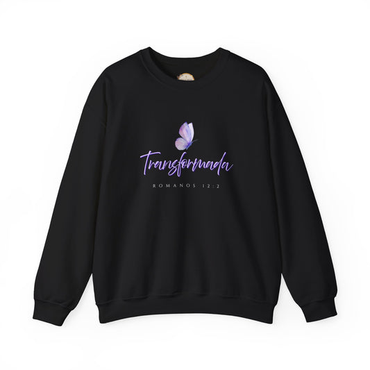 "Transformada" Crewneck Sweatshirt — Purple Butterfly Christian Scripture (Romanos 12:2)