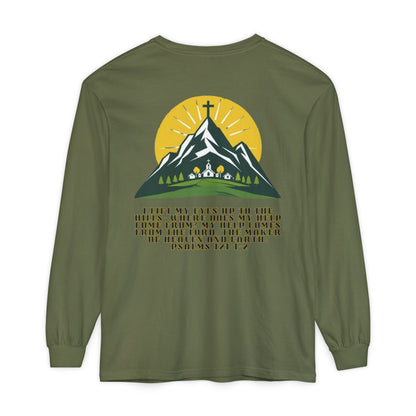 Psalms 121:1-2 Spiritual Long Sleeve T-Shirt, Christian Apparel, Faith-Based Gift, Outdoor Style, Inspirational Everyday Wear