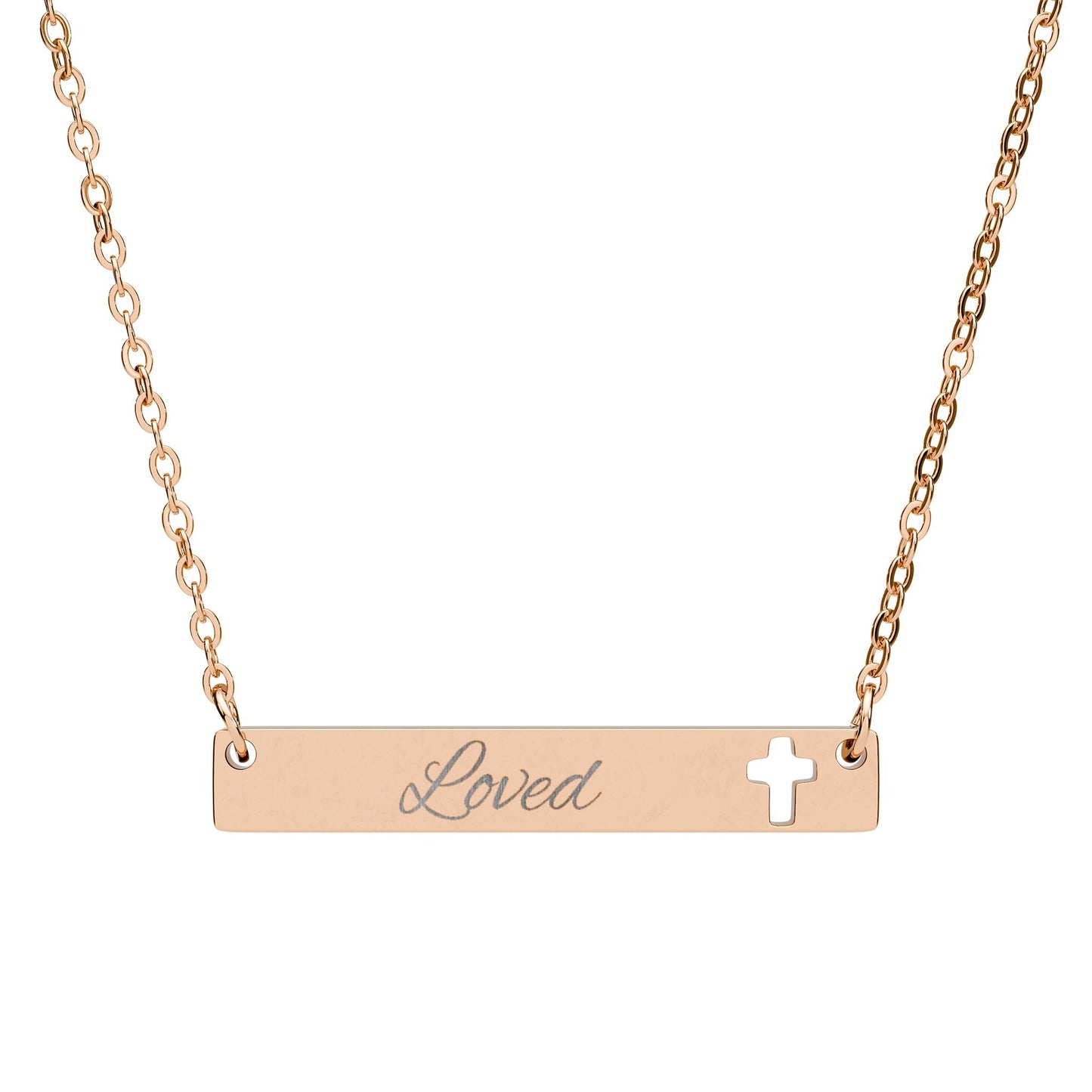 "Loved" Cutout Cross Bar Necklace — Engraved Christian Pendant