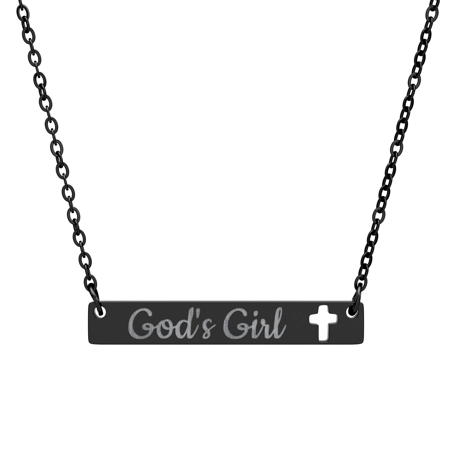 God's Girl Cutout Cross Bar Necklace – Engraved Christian Pendant