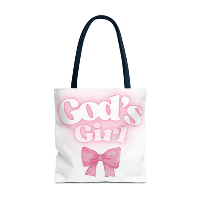 God's Girl Cute Pink Tote Bag, Chic Shopper Bag, Inspirational Gift, Women’s Fashion Accessory, Beach Tote, Pink Bow Design