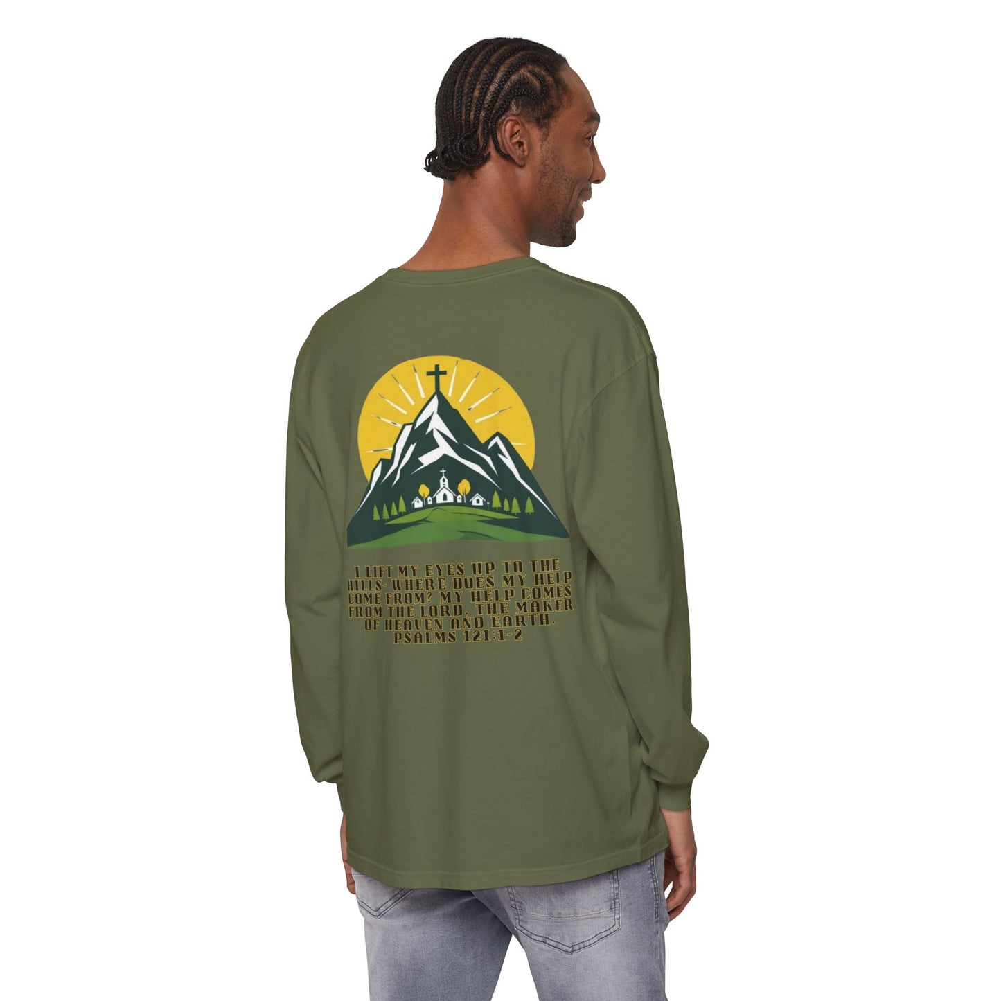 Psalms 121:1-2 Spiritual Long Sleeve T-Shirt, Christian Apparel, Faith-Based Gift, Outdoor Style, Inspirational Everyday Wear