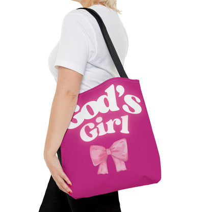 Cute Pink Tote Bag for God's Girl, Chic Shopper Bag, Inspirational Gift, Women’s Fashion Accessory, Beach Tote, Pink Bow Design