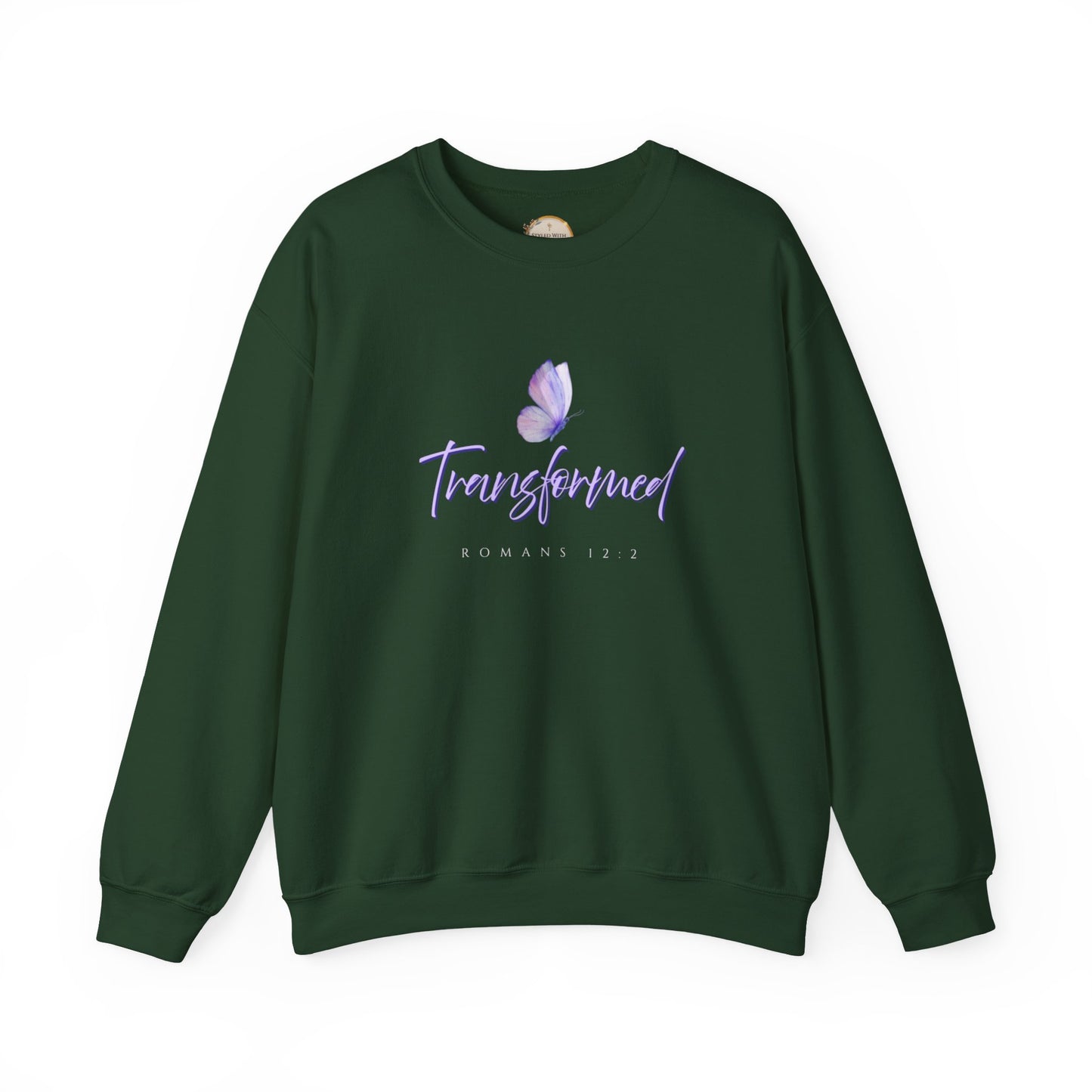 Transformed Butterfly Sweatshirt — Romans 12:2 Christian Crewneck