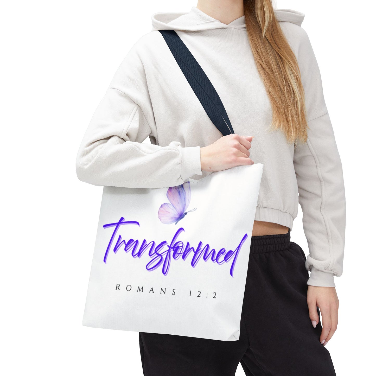 Transformed  Tote Bag - Inspirational Gift, AOP Design, Motivational Tote, Everyday Use, Romans 12:2