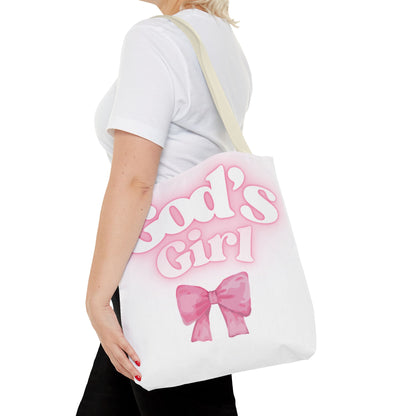 God's Girl Cute Pink Tote Bag, Chic Shopper Bag, Inspirational Gift, Women’s Fashion Accessory, Beach Tote, Pink Bow Design