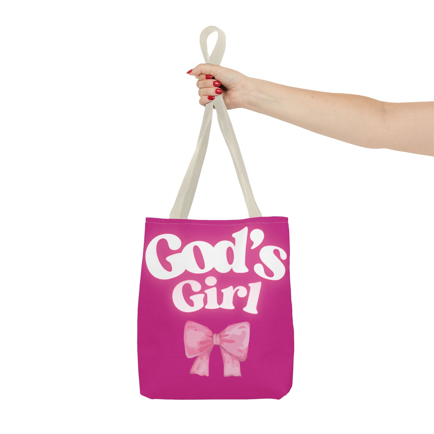Cute Pink Tote Bag for God's Girl, Chic Shopper Bag, Inspirational Gift, Women’s Fashion Accessory, Beach Tote, Pink Bow Design