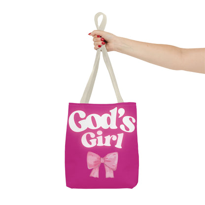 Cute Pink Tote Bag for God's Girl, Chic Shopper Bag, Inspirational Gift, Women’s Fashion Accessory, Beach Tote, Pink Bow Design
