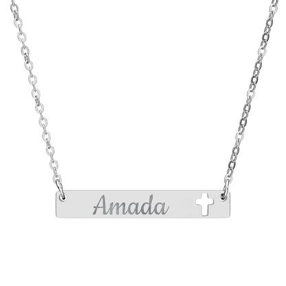 "Amada" Engravable Cutout Cross Bar Necklace — Personalized Name Plate Pendant