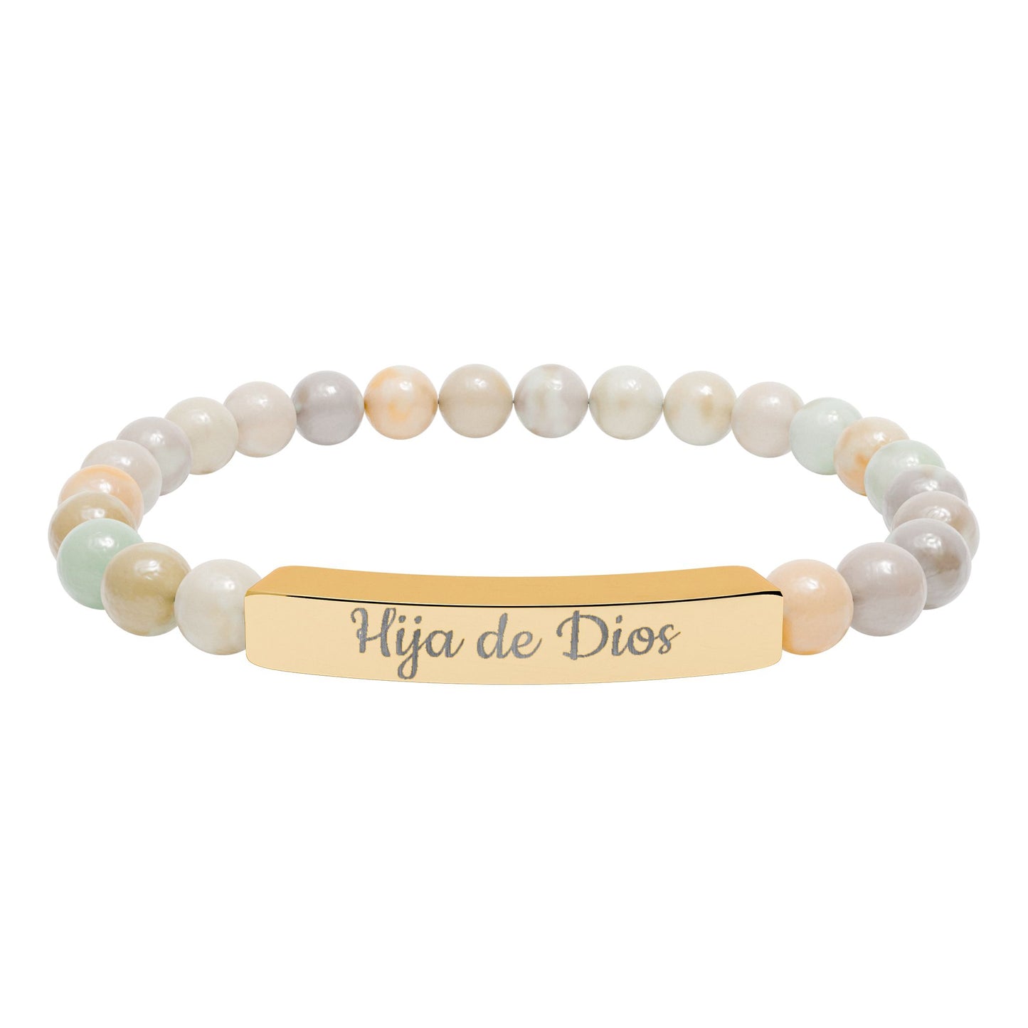 "Hija de Dios" Engraved Natural Stone Bar Bracelet — Personalized Stretch Beaded Bracelet
