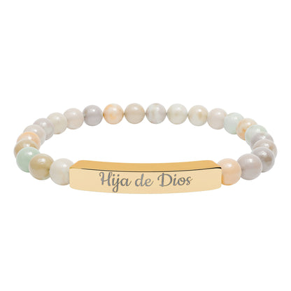 "Hija de Dios" Engraved Natural Stone Bar Bracelet — Personalized Stretch Beaded Bracelet