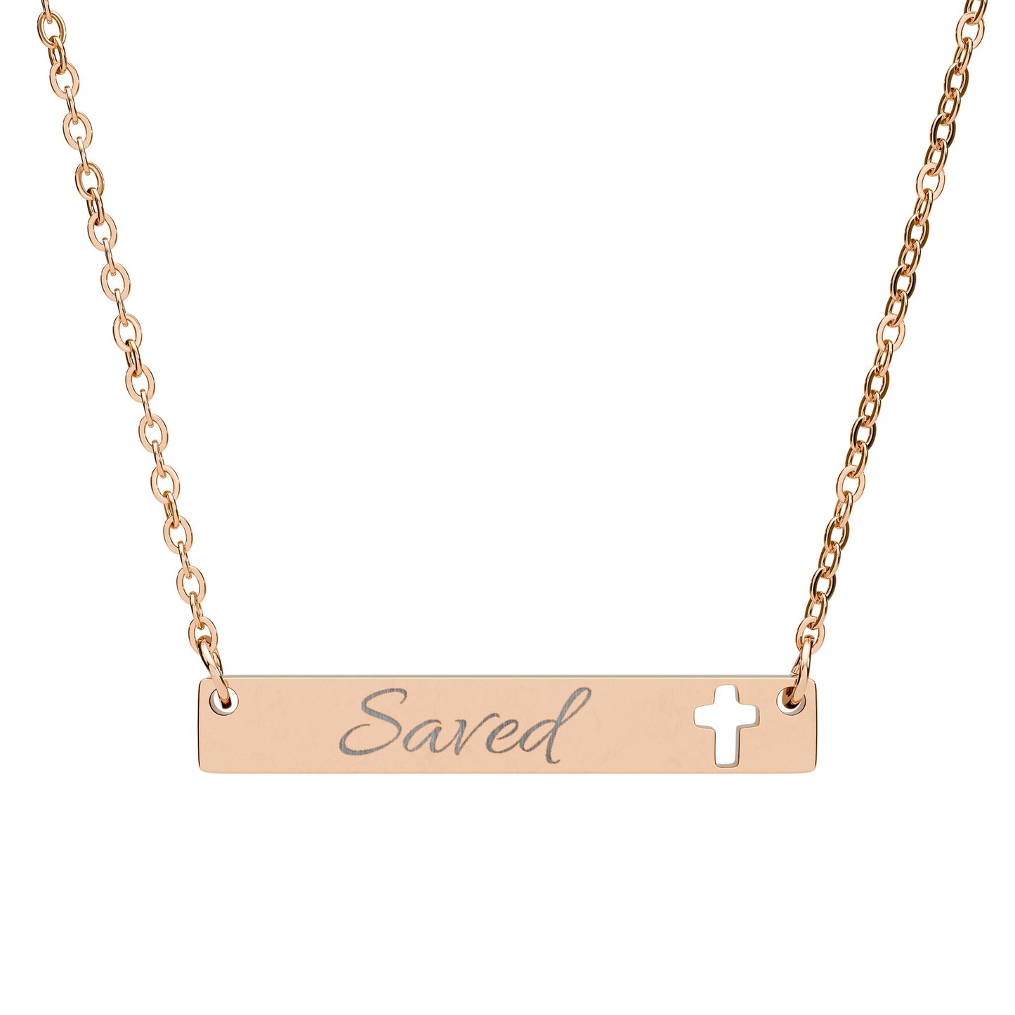 "Saved" — Engravable Cutout Cross Bar Necklace Religious Pendant