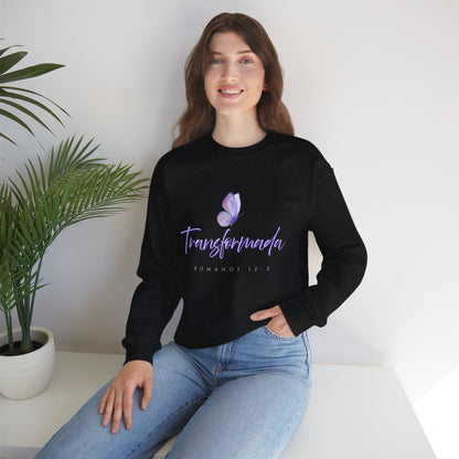 "Transformada" Crewneck Sweatshirt — Purple Butterfly Christian Scripture (Romanos 12:2)