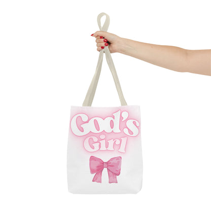God's Girl Cute Pink Tote Bag, Chic Shopper Bag, Inspirational Gift, Women’s Fashion Accessory, Beach Tote, Pink Bow Design