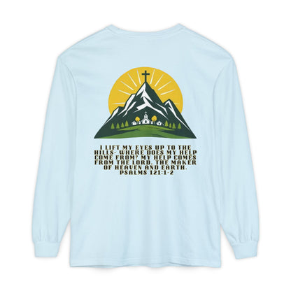 Psalms 121:1-2 Spiritual Long Sleeve T-Shirt, Christian Apparel, Faith-Based Gift, Outdoor Style, Inspirational Everyday Wear