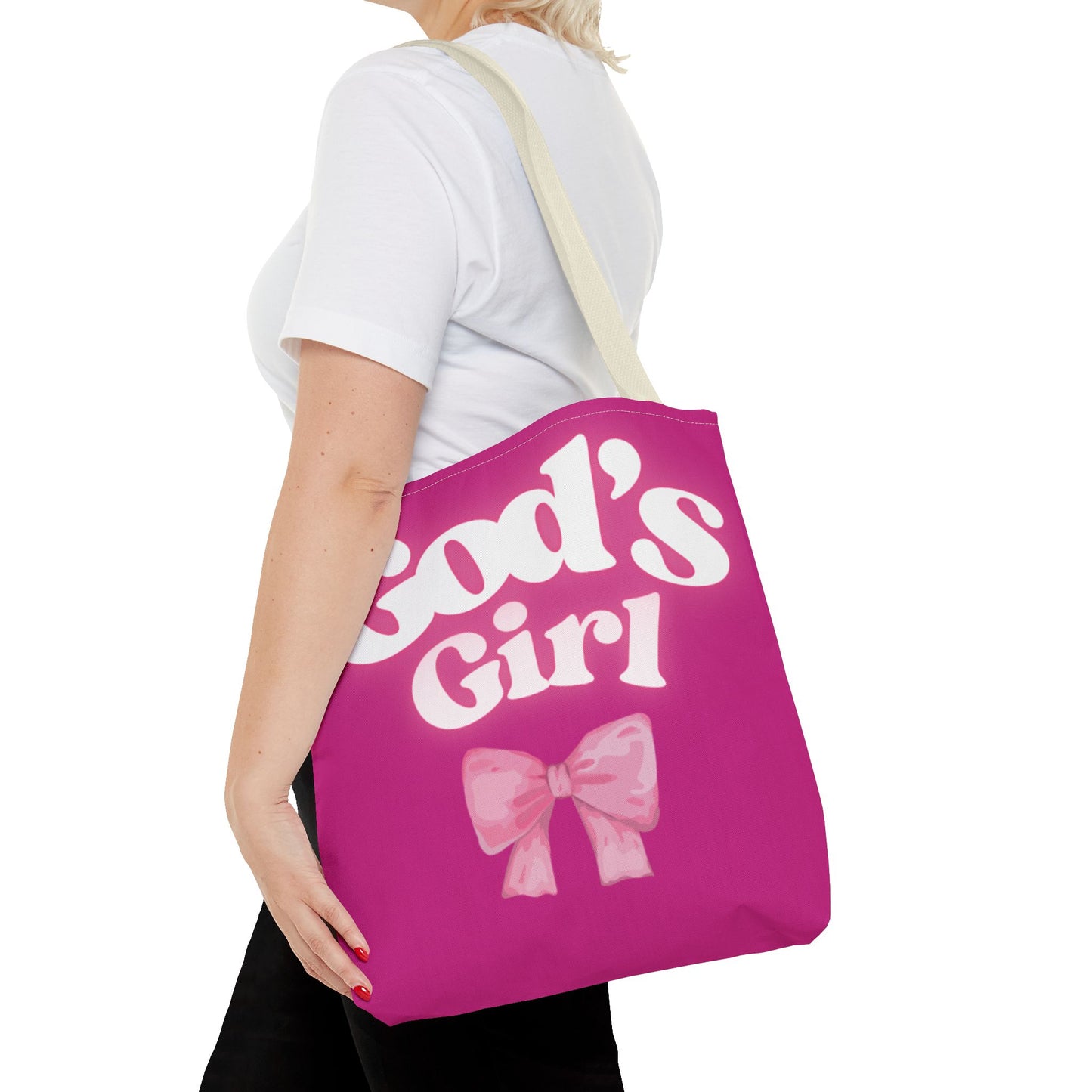 Cute Pink Tote Bag for God's Girl, Chic Shopper Bag, Inspirational Gift, Women’s Fashion Accessory, Beach Tote, Pink Bow Design