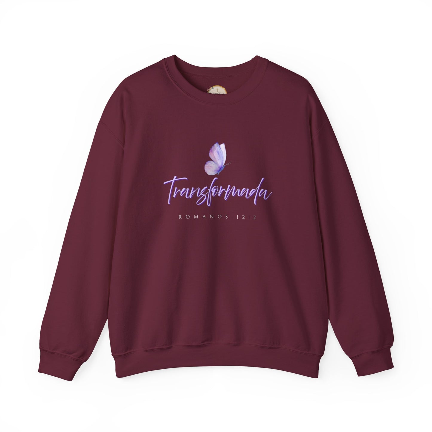 "Transformada" Crewneck Sweatshirt — Purple Butterfly Christian Scripture (Romanos 12:2)