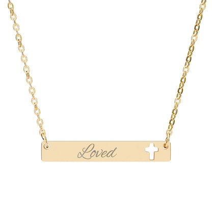 "Loved" Cutout Cross Bar Necklace — Engraved Christian Pendant