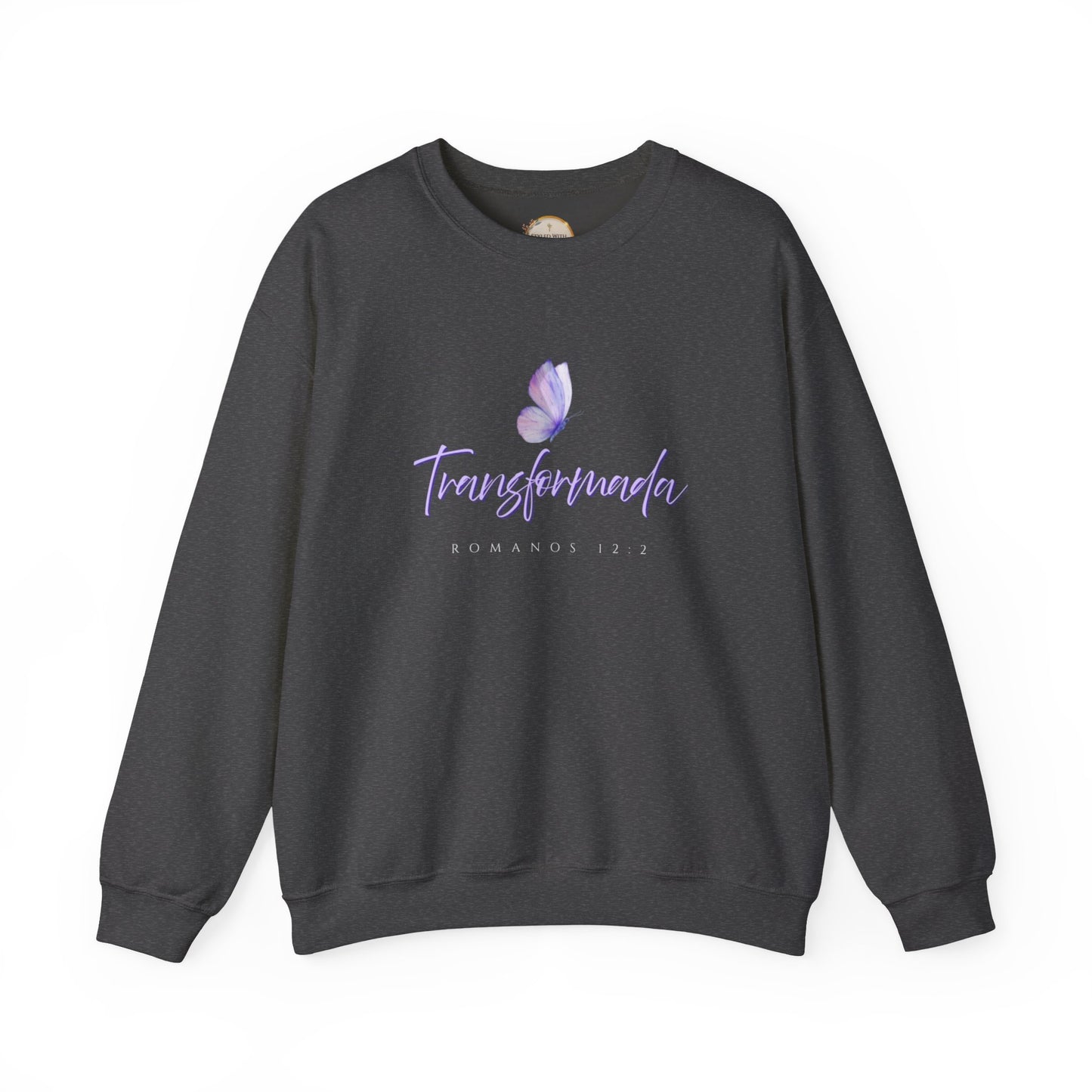"Transformada" Crewneck Sweatshirt — Purple Butterfly Christian Scripture (Romanos 12:2)
