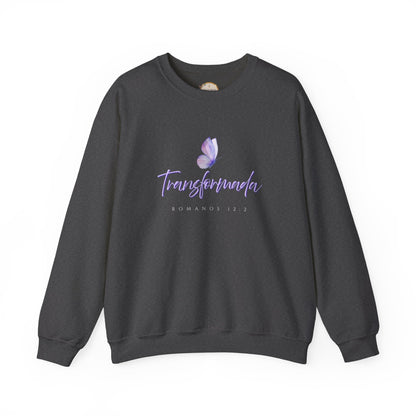 "Transformada" Crewneck Sweatshirt — Purple Butterfly Christian Scripture (Romanos 12:2)