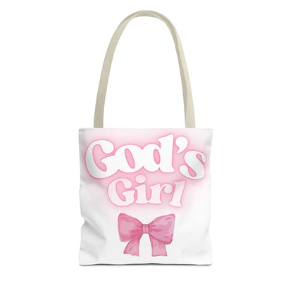 God's Girl Cute Pink Tote Bag, Chic Shopper Bag, Inspirational Gift, Women’s Fashion Accessory, Beach Tote, Pink Bow Design