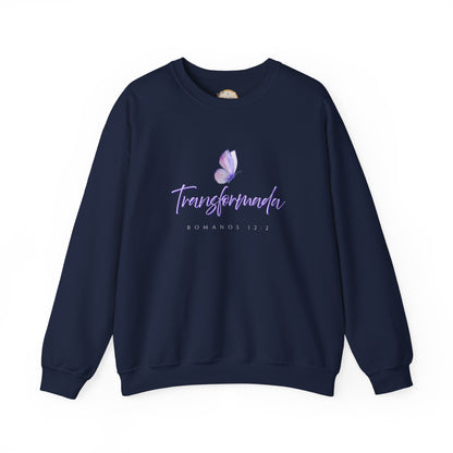 "Transformada" Crewneck Sweatshirt — Purple Butterfly Christian Scripture (Romanos 12:2)