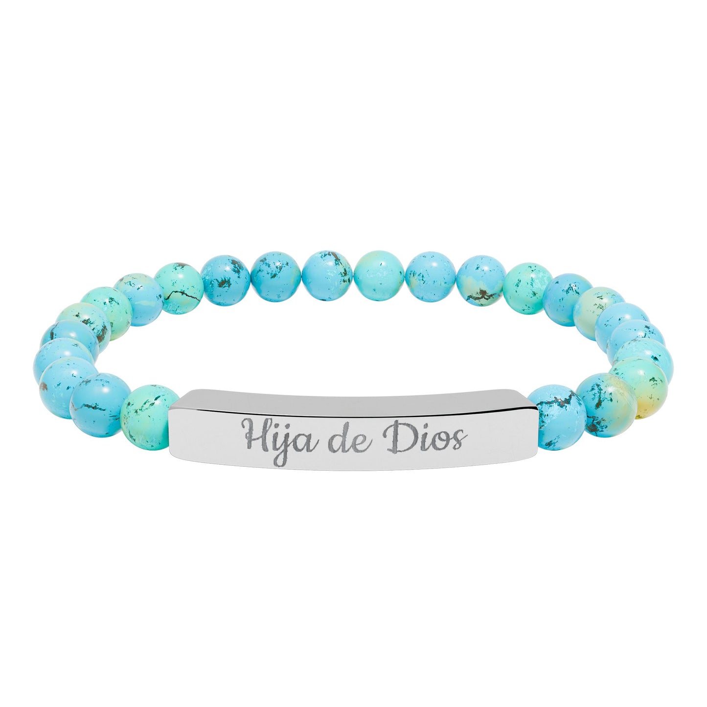 "Hija de Dios" Engraved Natural Stone Bar Bracelet — Personalized Stretch Beaded Bracelet