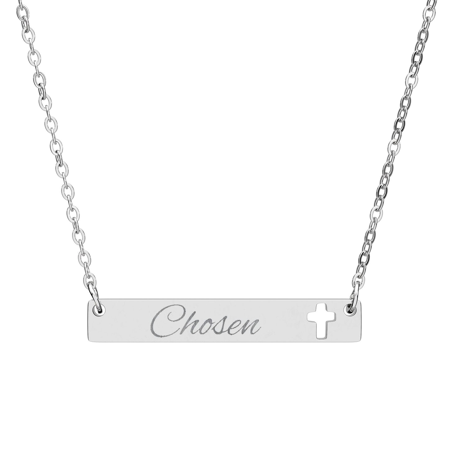 "Chosen" Cutout Cross Bar Necklace — Engraved Christian Pendant