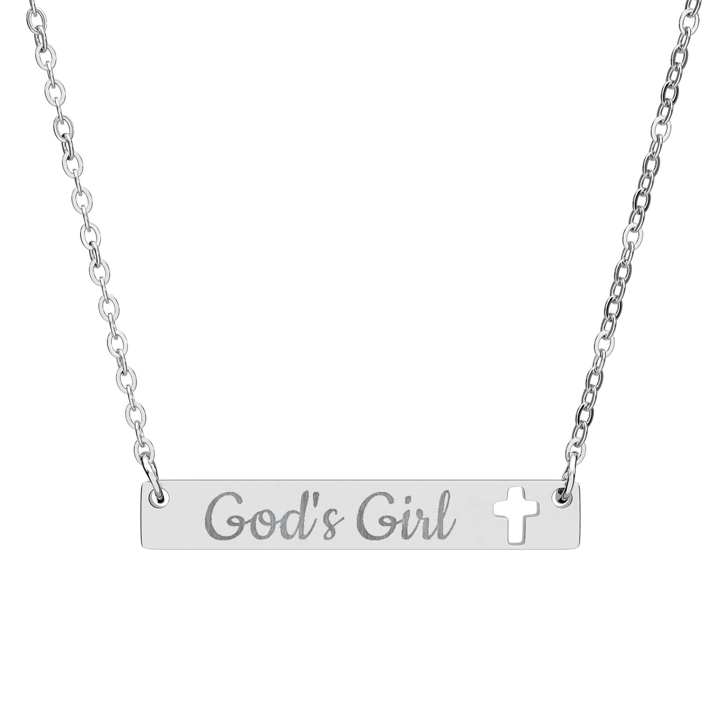 God's Girl Cutout Cross Bar Necklace – Engraved Christian Pendant