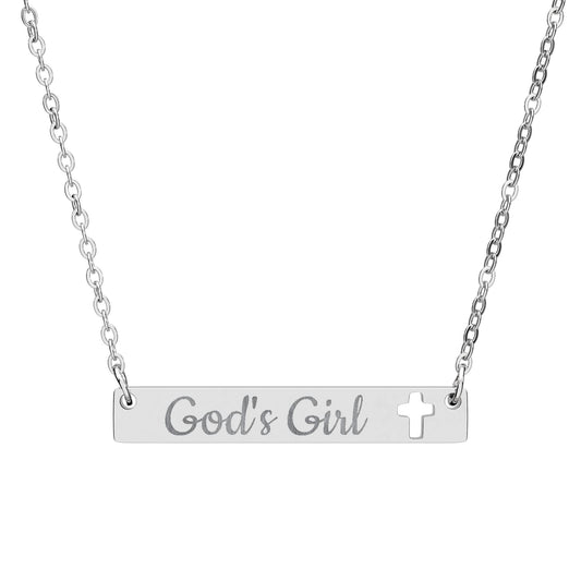 God's Girl Cutout Cross Bar Necklace – Engraved Christian Pendant