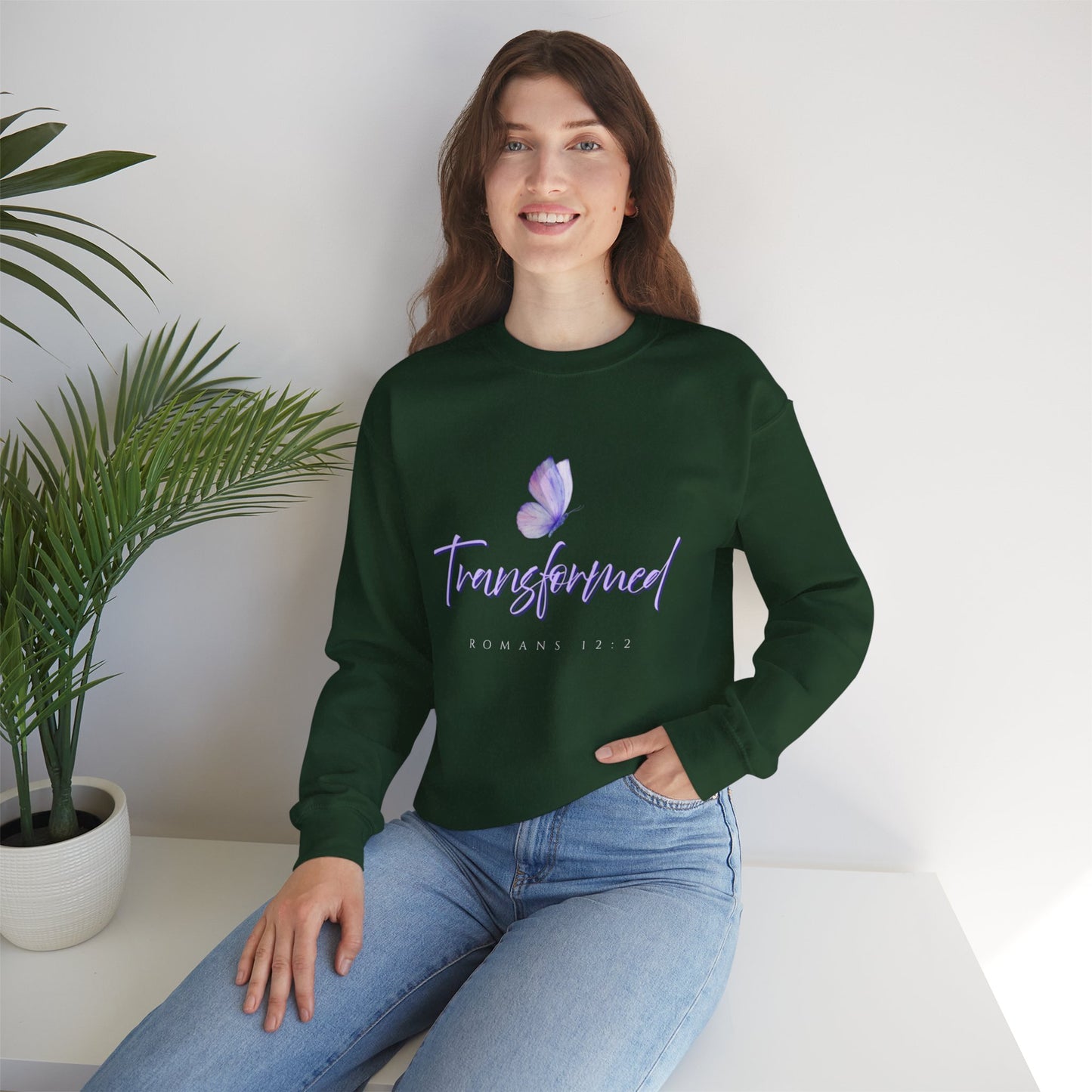 Transformed Butterfly Sweatshirt — Romans 12:2 Christian Crewneck