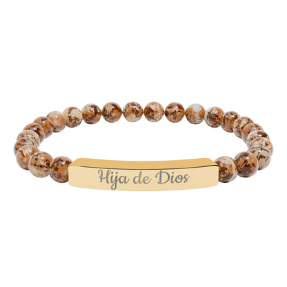 "Hija de Dios" Engraved Natural Stone Bar Bracelet — Personalized Stretch Beaded Bracelet