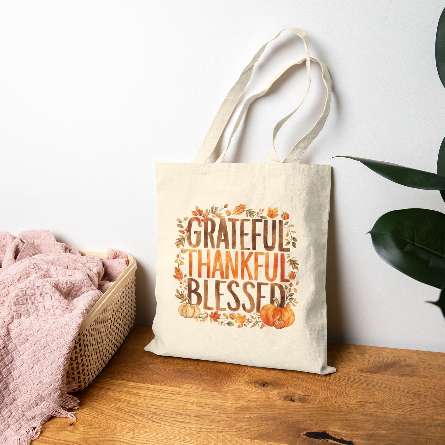Tote Bag — Grateful Thankful Blessed Canvas Tote for Thanksgiving