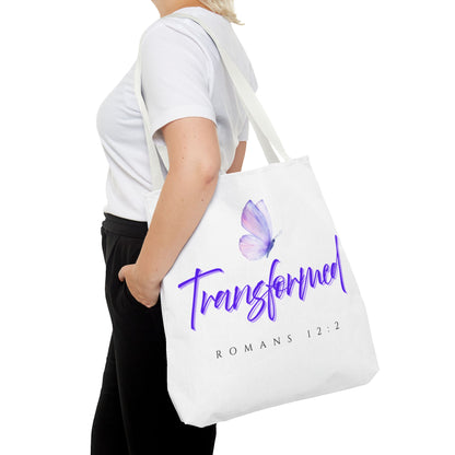 Transformed  Tote Bag - Inspirational Gift, AOP Design, Motivational Tote, Everyday Use, Romans 12:2