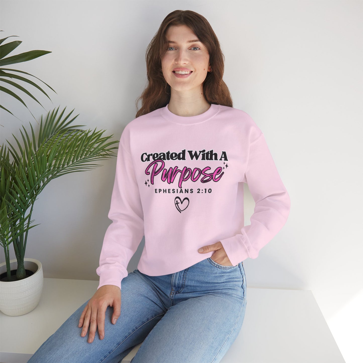 Crewneck Sweatshirt — "Created With A Purpose" Ephesians 2:10 Inspirational Christian Pullover